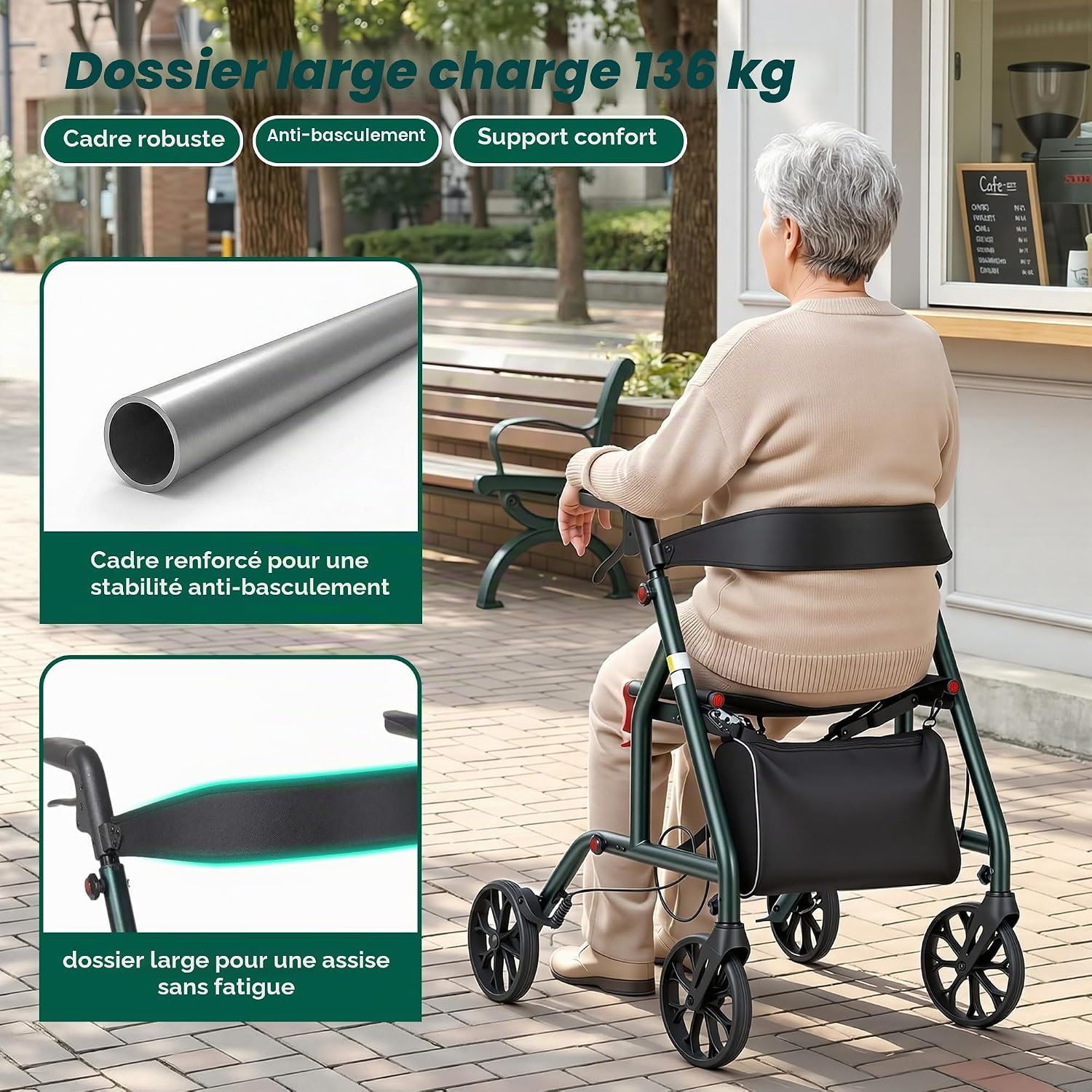 Detalle de Careboda Déambulateur 4 roues pliable avec siège – aide à la marche senior, réglable, freins et sac