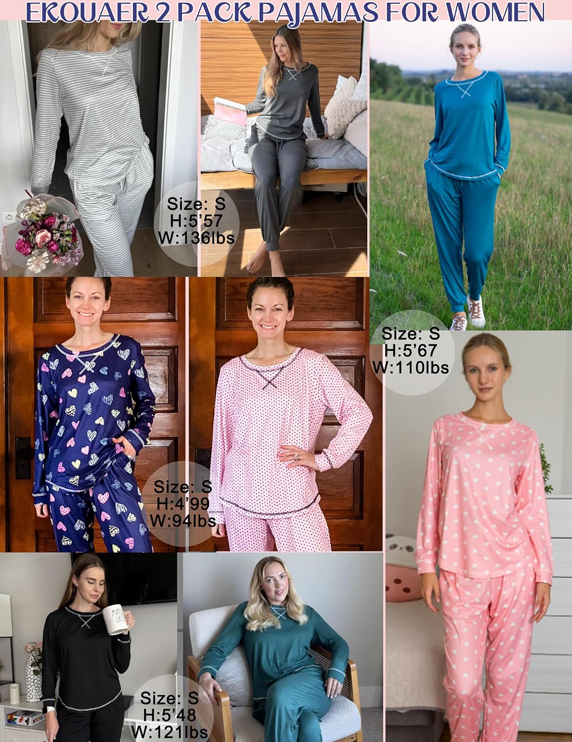 Detalle 1 de Ekouaer 2-Pack Women's Pajama Sets, Long-Sleeve Tops and Jogger Pants