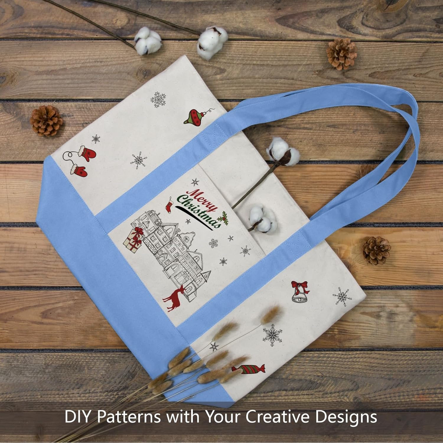 Thumbnail 2 de TOPDesign 30-Pack Canvas Tote Bags with Exterior Pocket – Reusable Grocery Bags (Light Blue/Natural)