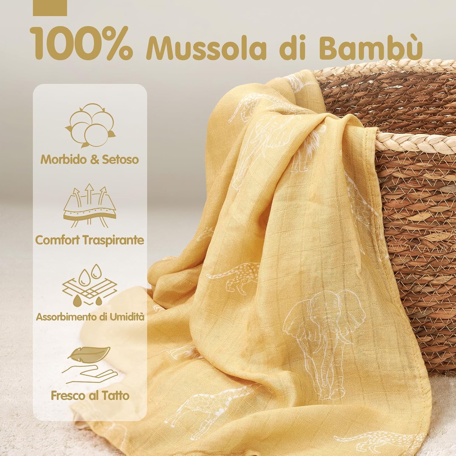 Thumbnail 1 de Hahaland Mussole Neonato in cotone bambù 100% naturale – set copertine swaddle (120x120 e 100x95 cm)