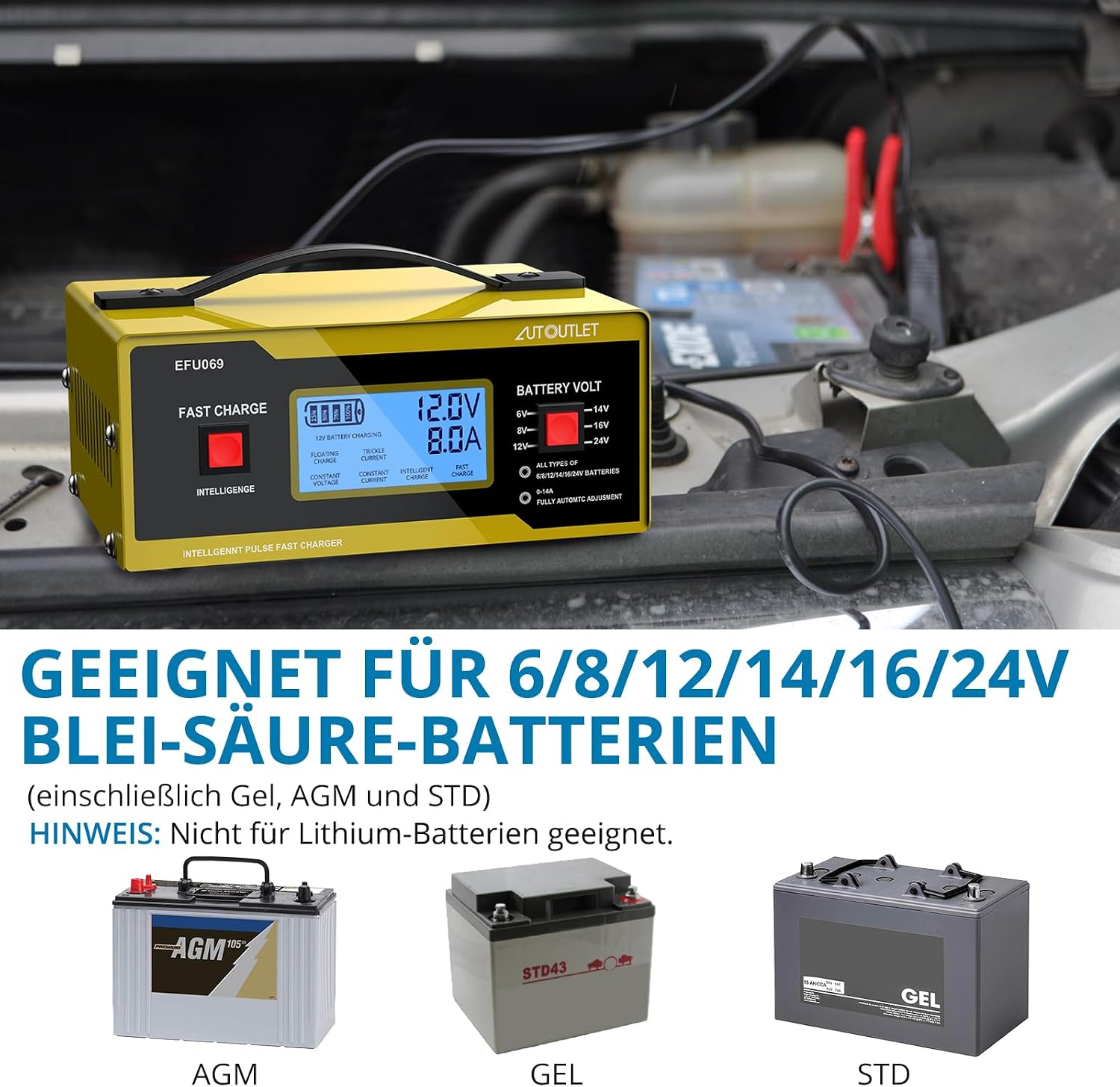 Detalle de AUTOUTLET Ladegerät Autobatterie 6/8/12/14/24V – Smartes Vollautomatisches Erhaltungsladegerät mit LCD