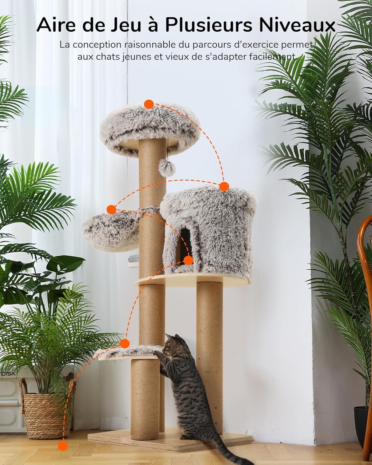 Thumbnail 6 de FUKUMARU Arbre à Chat 155 cm : tour d’intérieur multi-niveaux avec 6 griffoirs et hamac