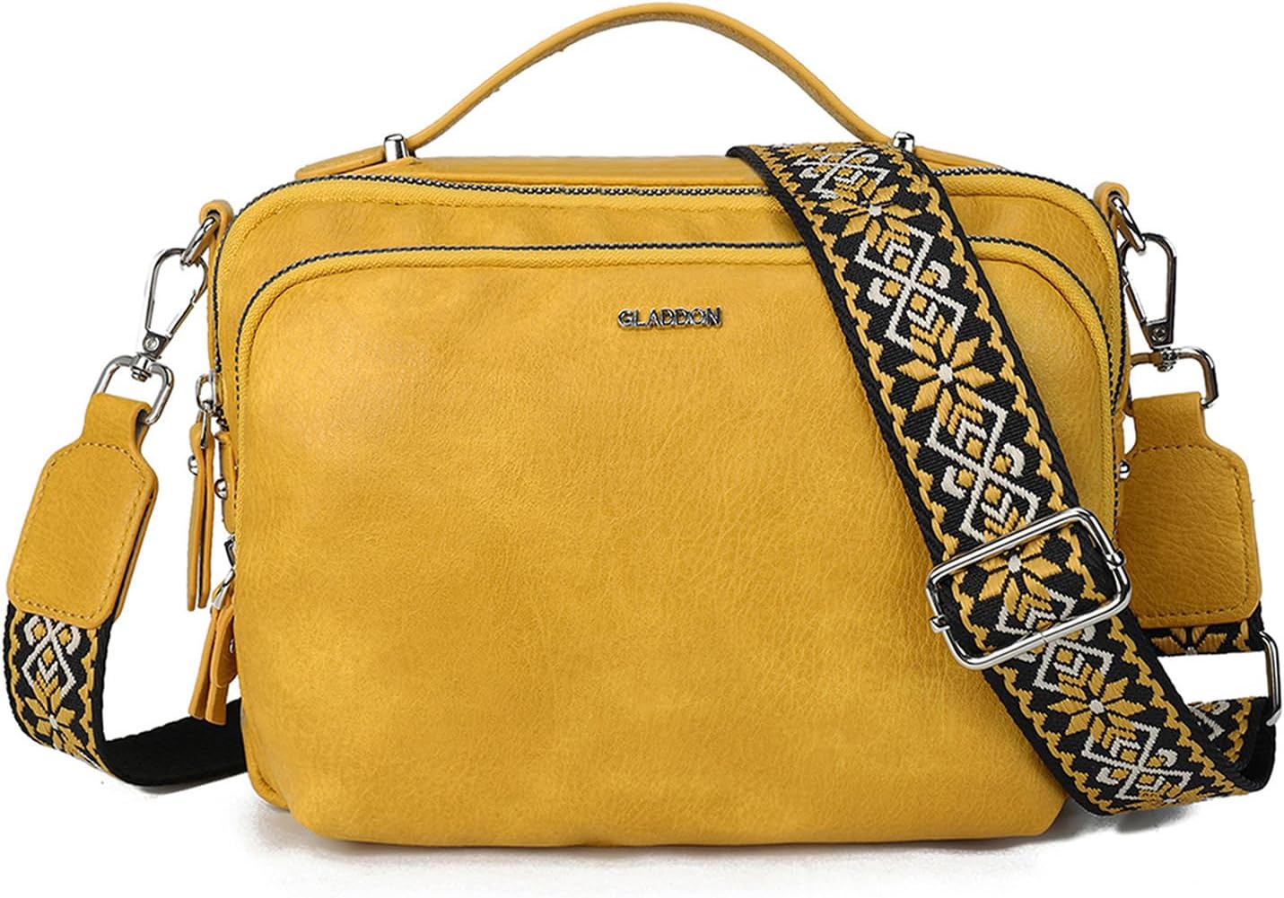 Detalle de Gladdon Umhängetasche Damen – Kleine Leder-Umhängetasche mit breitem Jacquard-Riemen