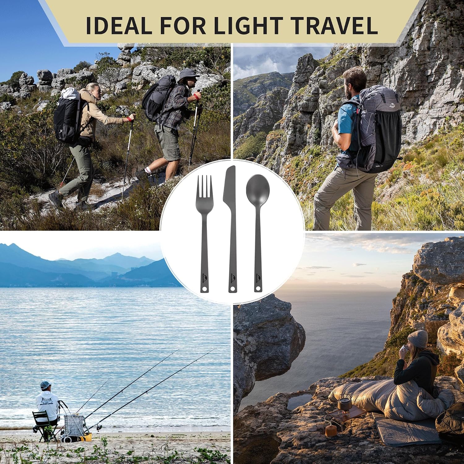 Detalle de Naturehike NH19T012-D – tytanowe sztućce turystyczne z etui i karabińczykiem