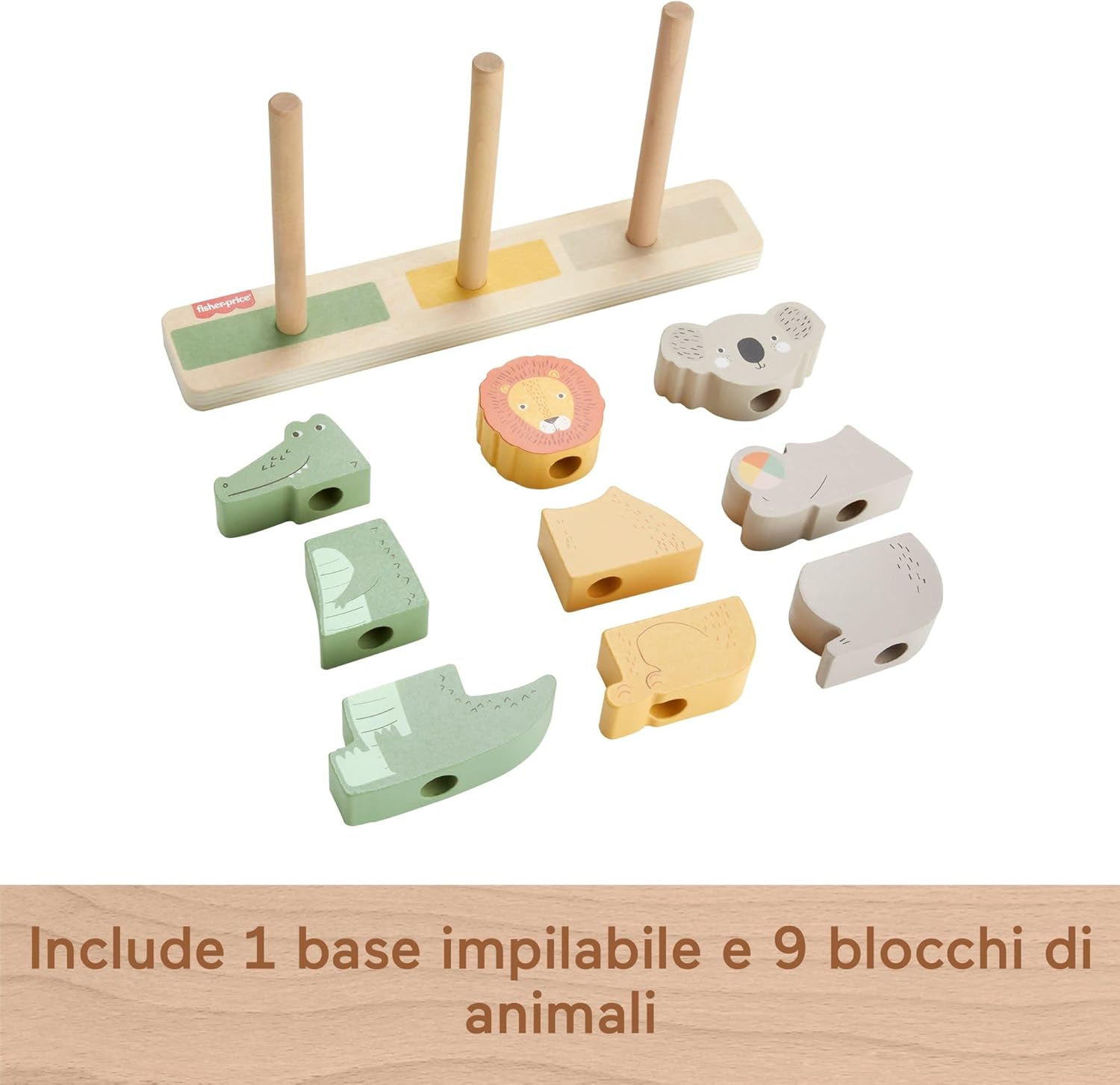 Detalle de Animali da impilare e ordinare in legno Fisher-Price - 10 pezzi (HXV04)