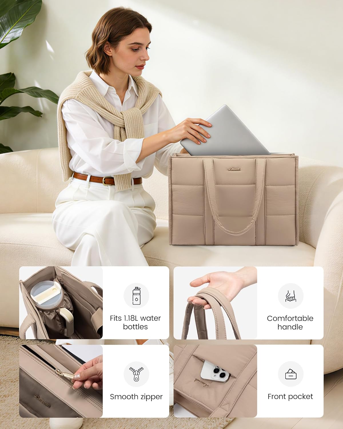 Thumbnail 6 de LOVEVOOK Tote Bags for Women: Puffer Quilted Work Bag with Laptop Compartments
