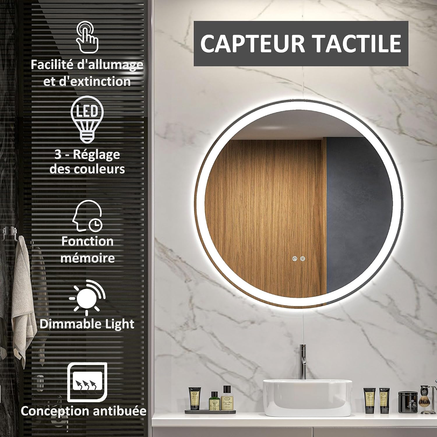 Detalle de kleankin Miroir de salle de bain rond Ø 80 cm avec éclairage LED et anti-buée