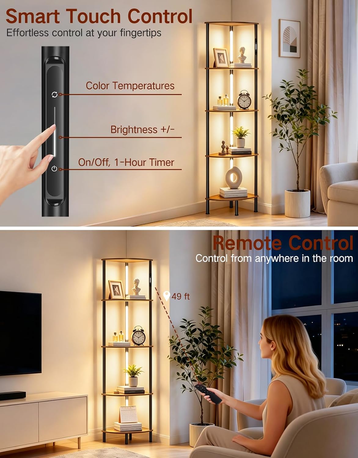 Detalle de OUTONLIFE LED Floor Lamp with Shelves (Rustic Brown) – 3 Colour Temps, Touch & Remote