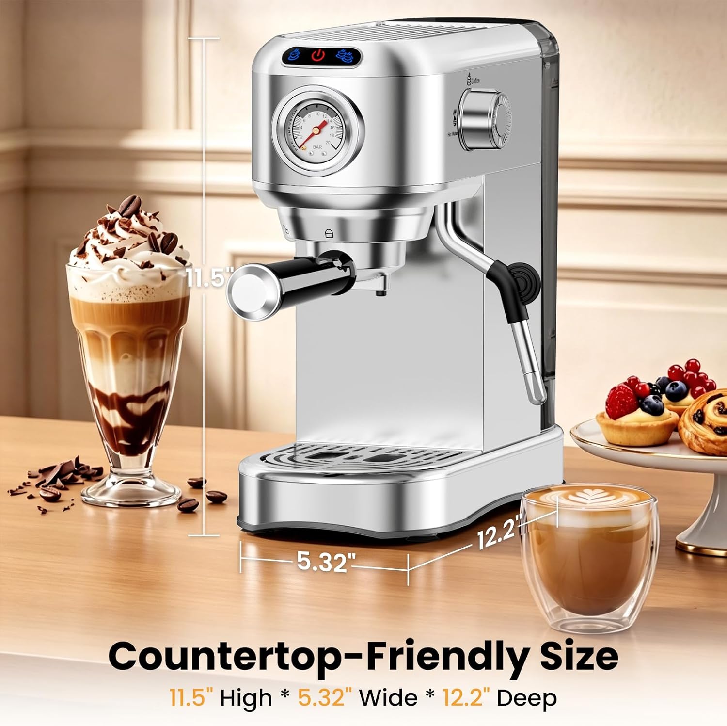 Detalle de AERCANA Espresso Machine 20 Bar – Compact 2-in-1 with Milk Frother (Silver)