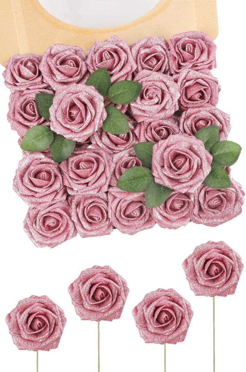 Detalle de N&T NIETING Artificial Glitter Roses (Pink), 25pc DIY fake flowers with bendable stems