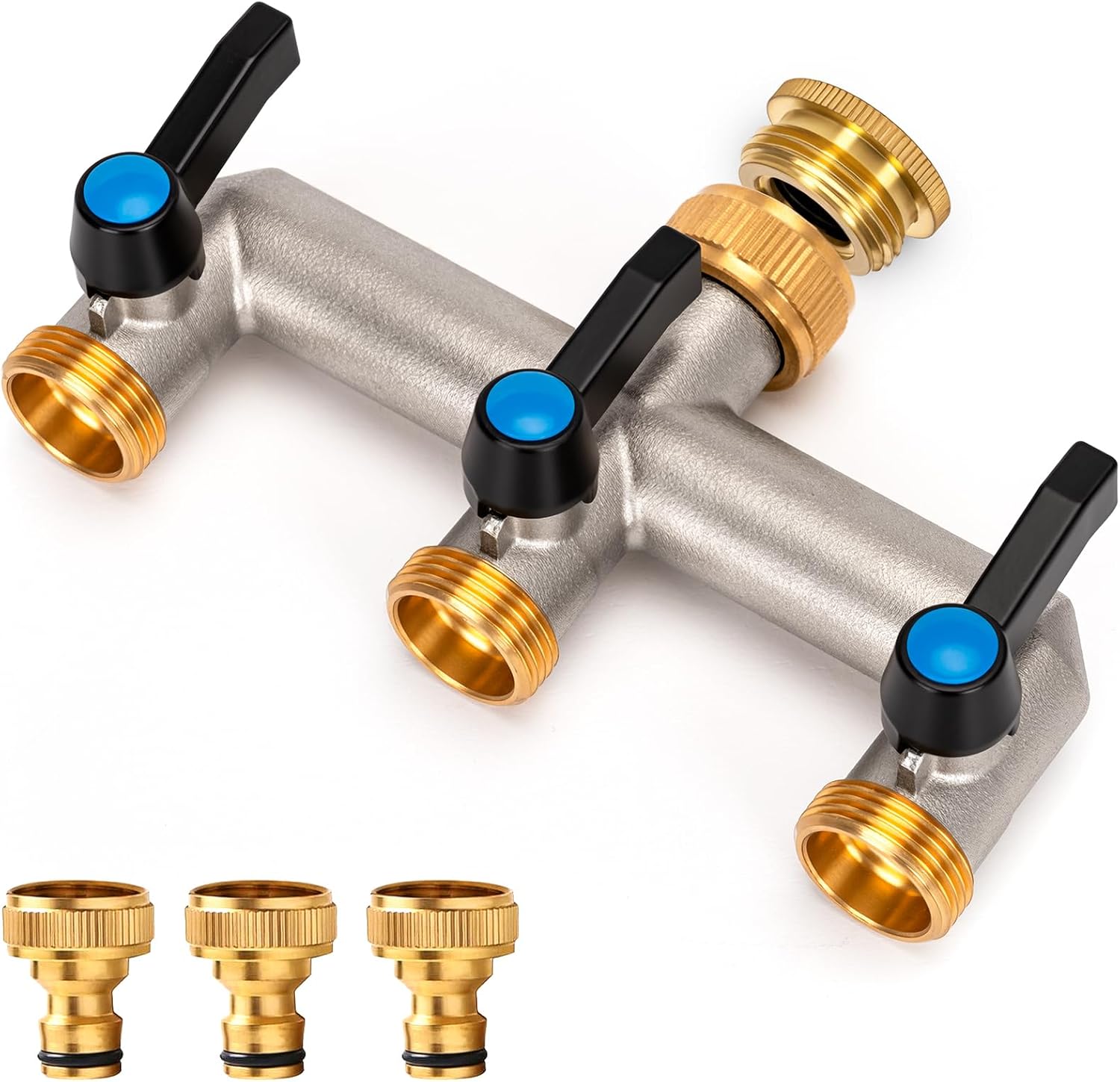 Wasserverteiler 4-Wege aus Messing mit Verlängerungsgriff – 3/4-Zoll auf 1/2-Zoll Adapter für Haus & Waschmaschine