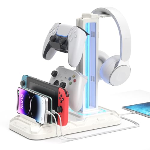 Detalle de KDD Soporte de Auriculares Gaming con Puertos USB-C y Iluminación LED (Blanco)