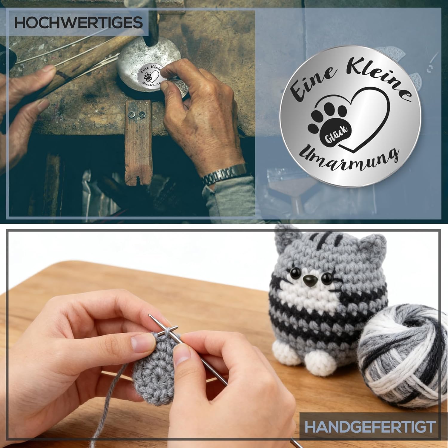 Detalle de Tixlux Pocket Hug Positive Katze – handgemachte Strickfigur mit Glücksbringer, kleines Mutmacher-Geschenk