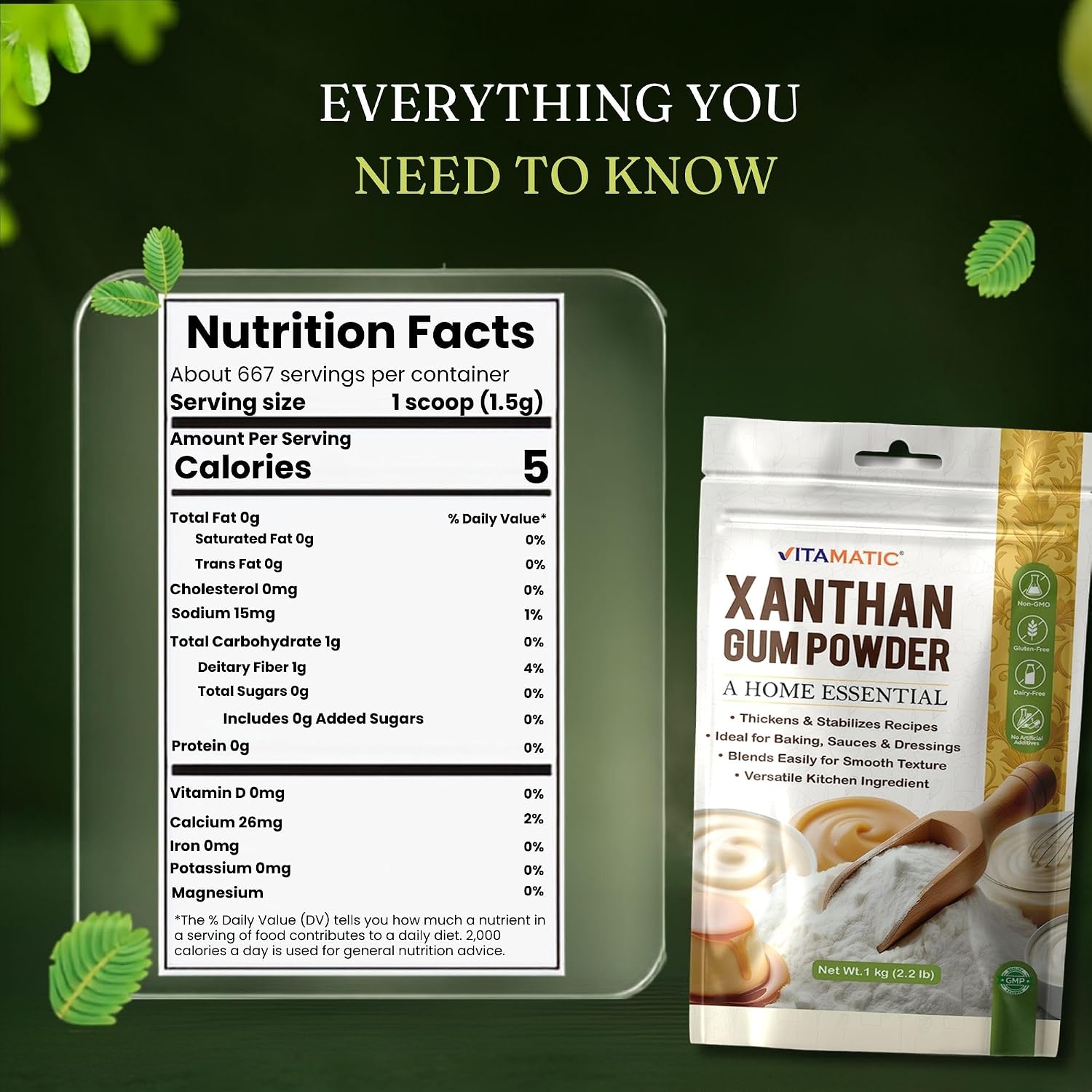 Detalle de Vitamatic Xanthan Gum Powder, 1 kg Gluten-Free Thickener for Baking & Sauces