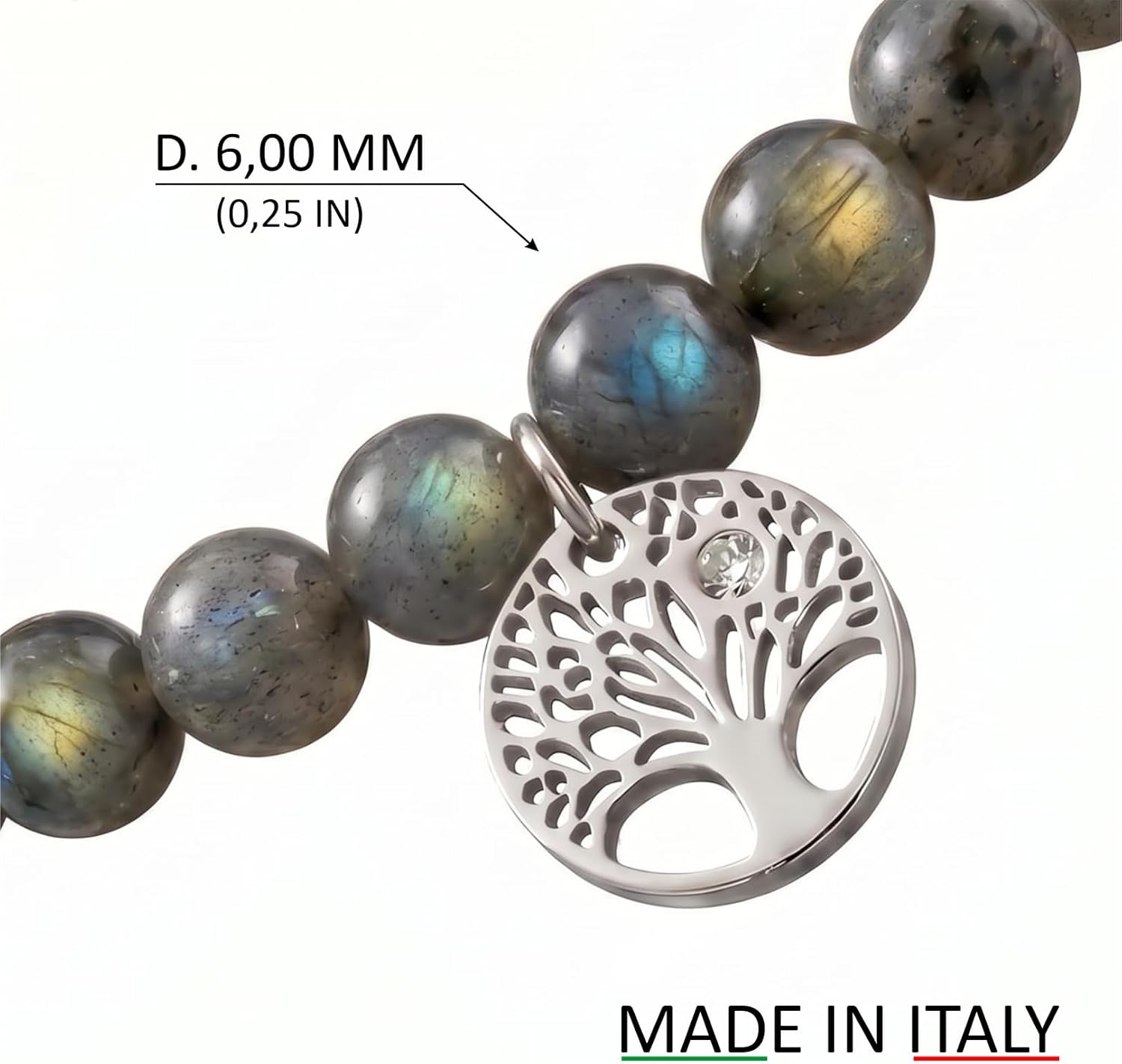 Detalle 2 de 10:10 Bracciale Donna in Pietre Naturali 6mm con Albero della Vita, acciaio inossidabile e zircone - Regolabile