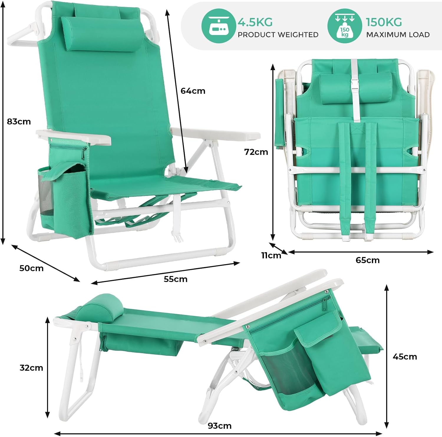 Detalle de LIFERUN XYC-070-4 opvouwbare strandstoel met 5 standen en koelvak