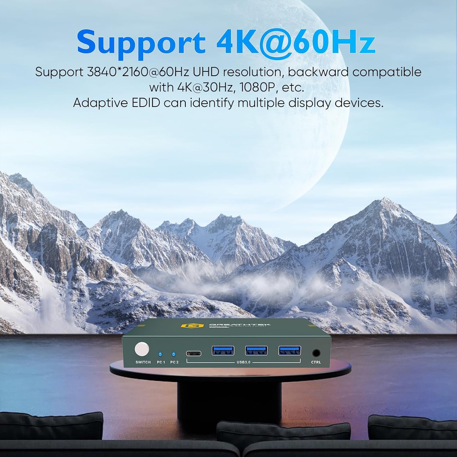 Detalle 2 de USB3.0 HDMI KVM Switch 2 PC 1 Monitor – 4K@60Hz, 3x USB 3.0 + USB-C, adaptives EDID