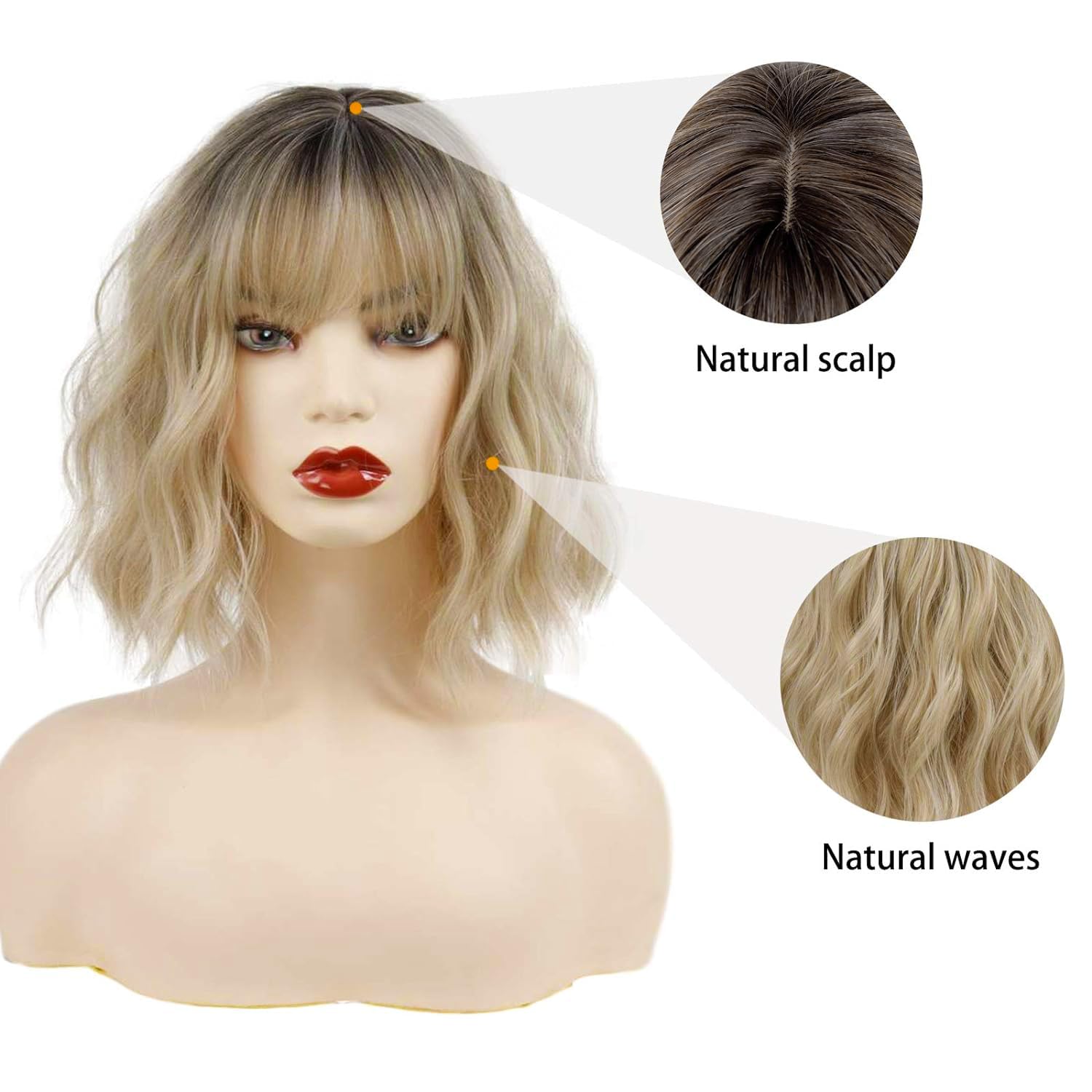 Detalle de MISSQUEEN Short Blonde Wig with Bangs - Wavy Bob, Ombre Synthetic Hair