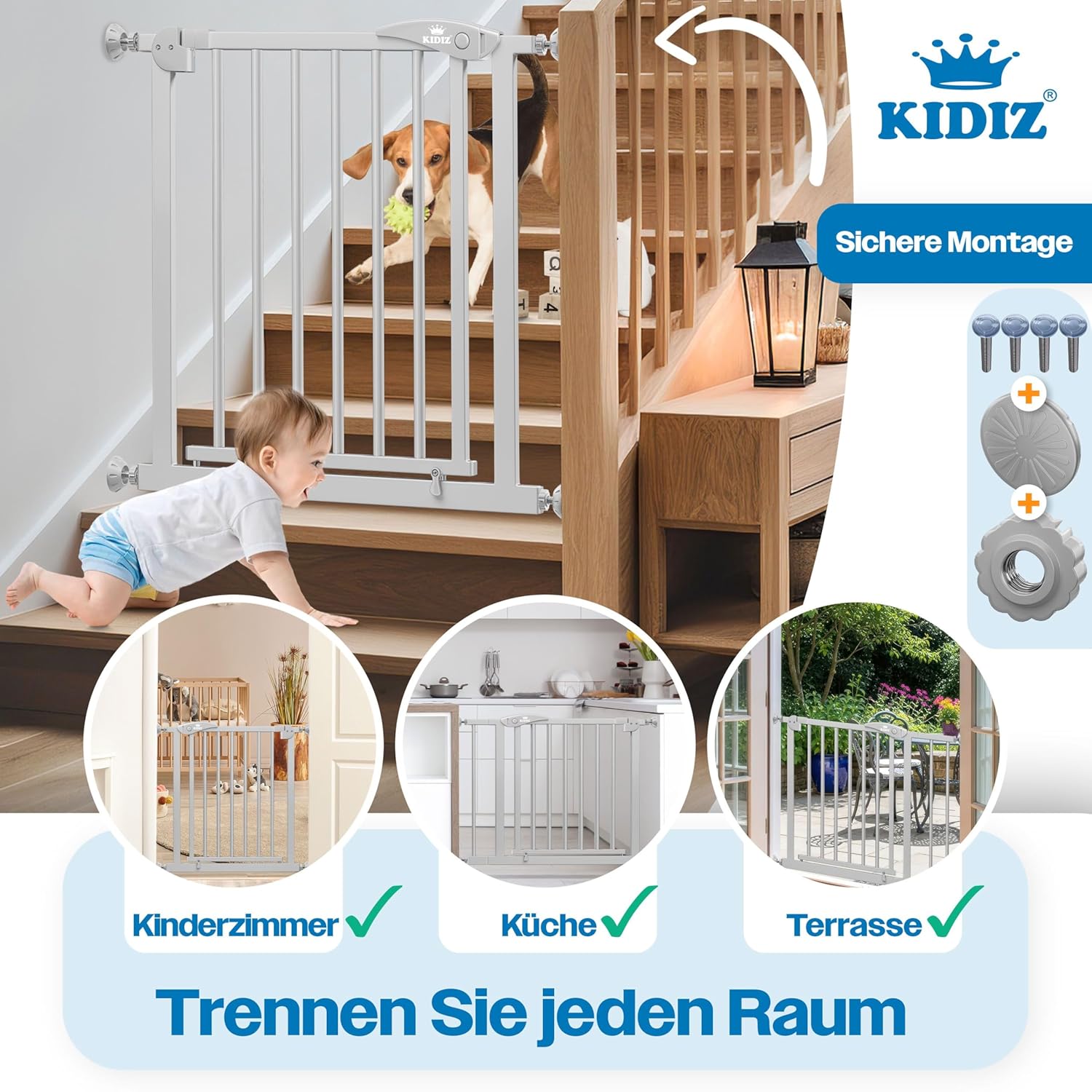 Thumbnail 4 de KIDIZ Treppenschutzgitter ohne Bohren, verstellbar 81–87 cm, 75 cm hoch, Türschutz & Absperrgitter (grau)