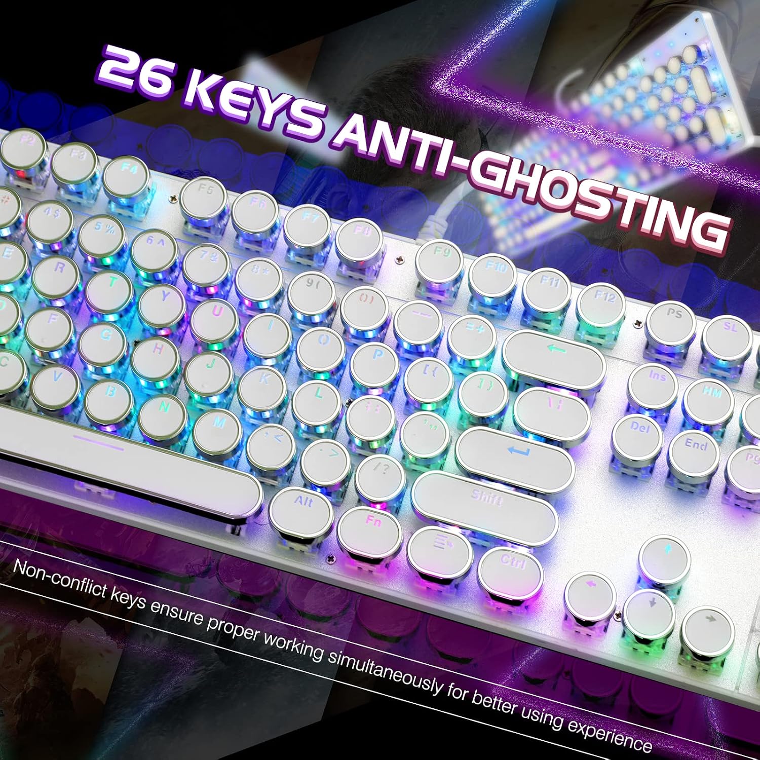 Detalle de YSCP Typewriter Style Mechanical Gaming Keyboard RGB Backlit with Blue Switches, 104 Keys, Wired (R-White)