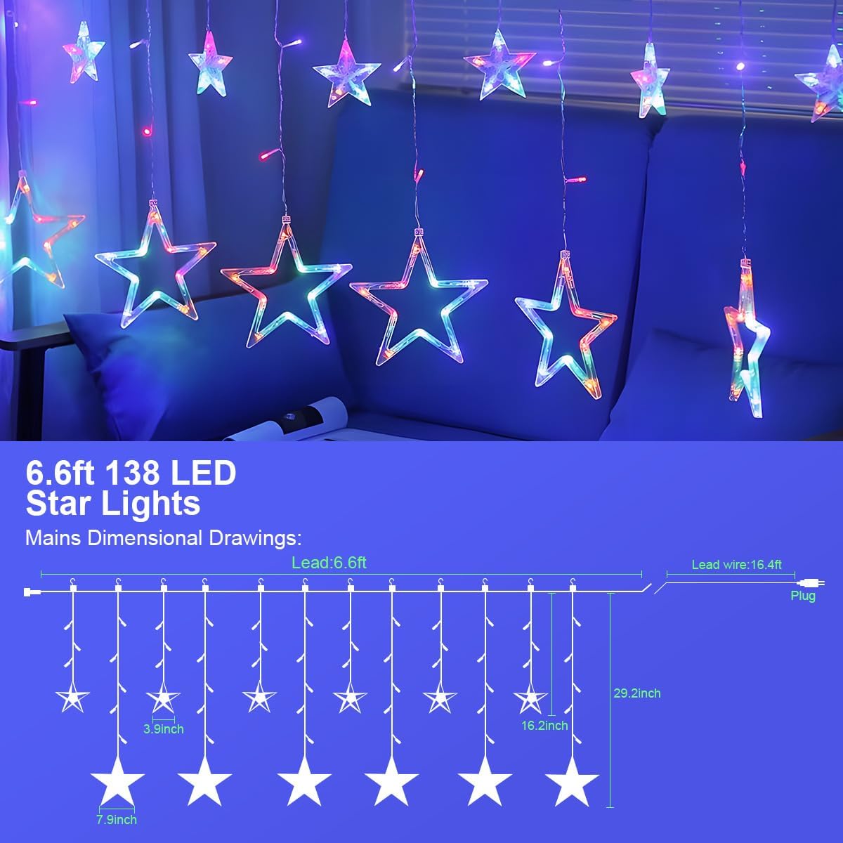 Thumbnail 2 de ROOR DRCR100 Star Curtain Lights, 138 LEDs, 12 Stars, Multicolour, IP65