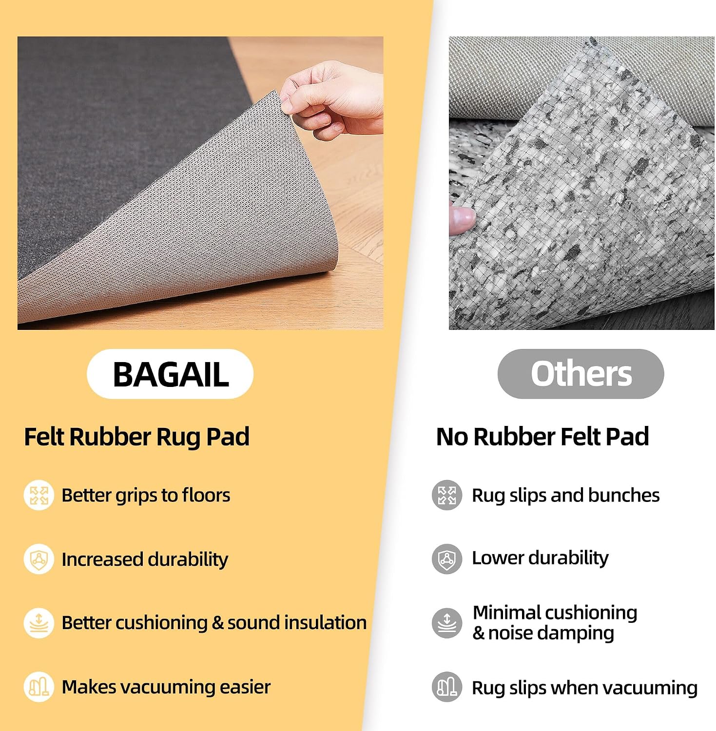 Thumbnail 6 de BAGAIL Felt and Natural Rubber Backing Rug Pad, 1/8” Thick, 5 x 7 ft – Non-Slip Cushioned Protector