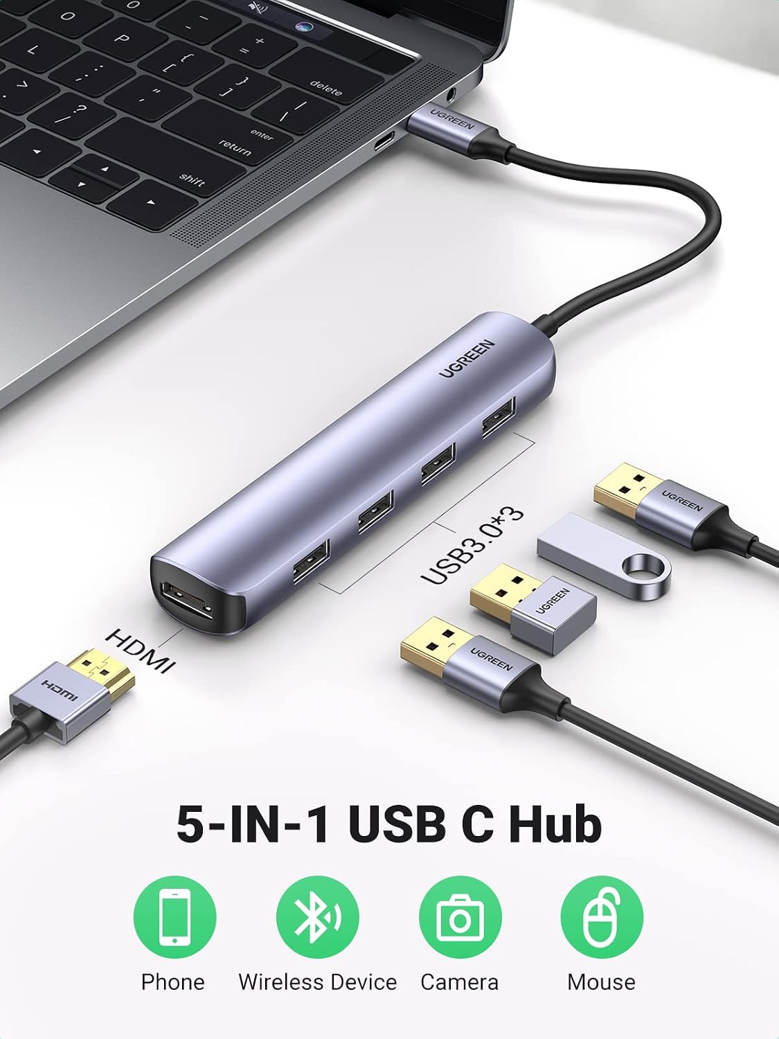 Detalle de UGREEN 20197 USB-C Hub (5-in-1) with 4K HDMI and 4× USB-A 3.0 for MacBook, Surface and more