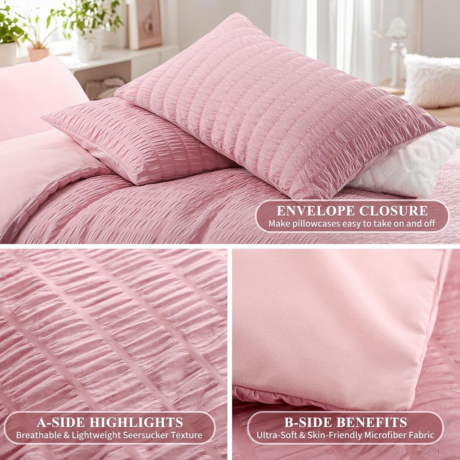 Thumbnail 5 de Aisbo Pink Seersucker Duvet Cover Set 3pc