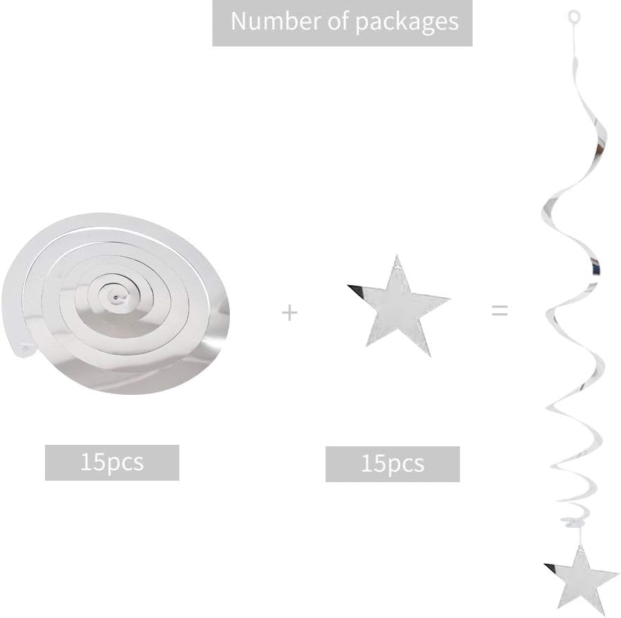 Thumbnail 1 de BEISHIDA Silver Star Hanging Swirl Decorations (Pack of 15) for Graduation, Wedding, and Baby Shower