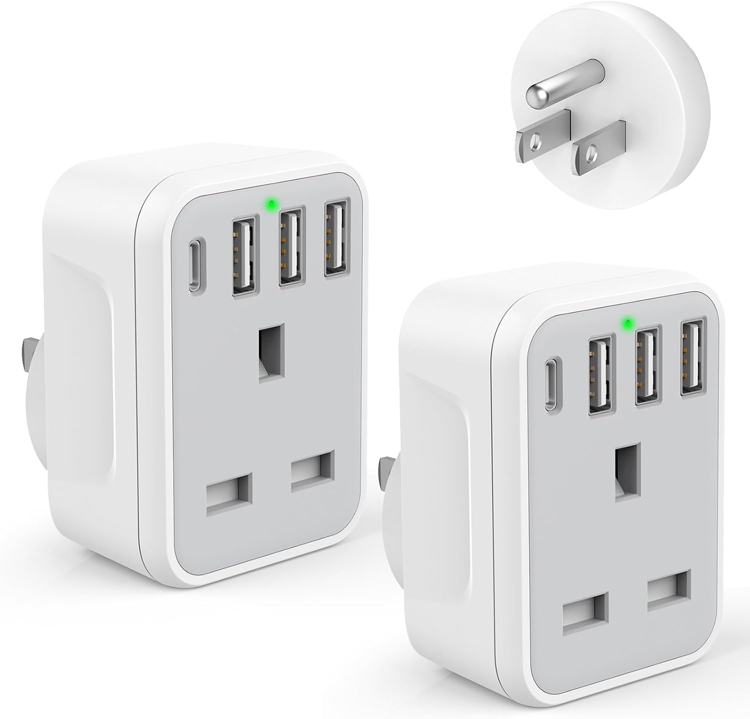 Detalle de 2 Pack USA Travel Adapter with 4 USB Ports and 1 USB‑C ⚡️🔌