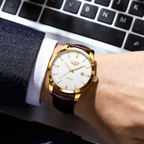Thumbnail 5 de LIGE Mens Watches Waterproof Analogue Vintage Quartz with Date, Brown Leather – Gold/White