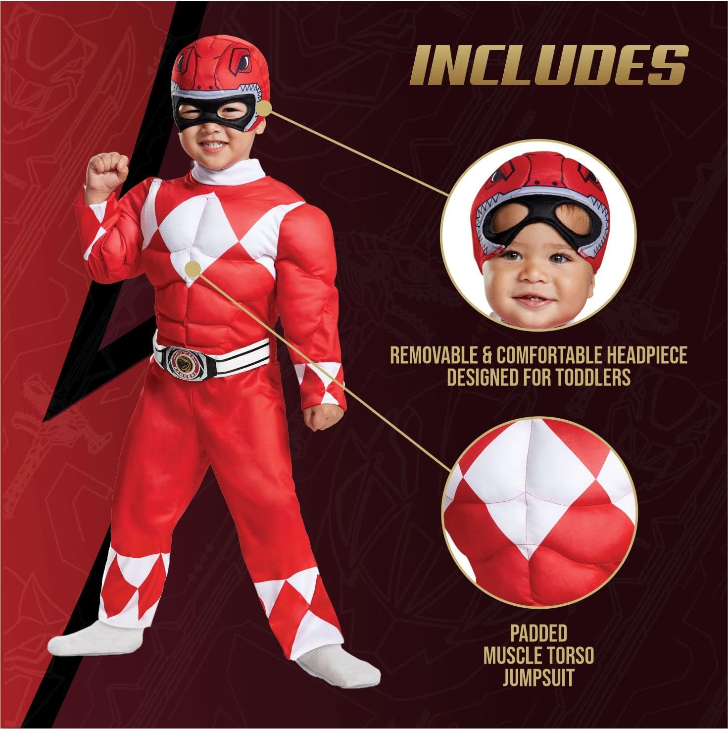Detalle 2 de Disguise Red Ranger Toddler Muscle Costume, Red Jumpsuit and Soft Headpiece, 3T–4T