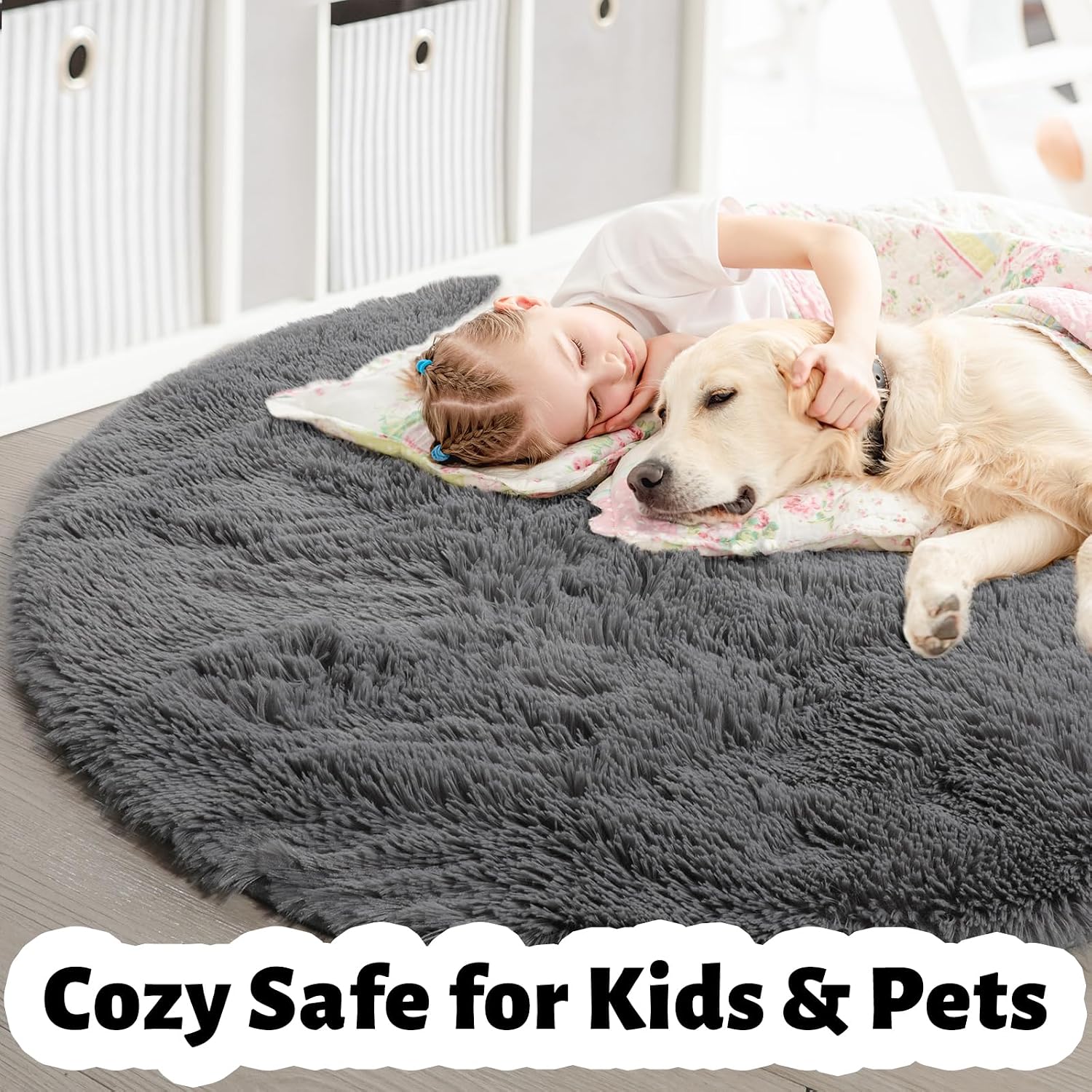 Detalle 1 de Amdrebio 6-Foot Round Gray Shag Area Rug, Plush Polyester with Non-Slip Backing