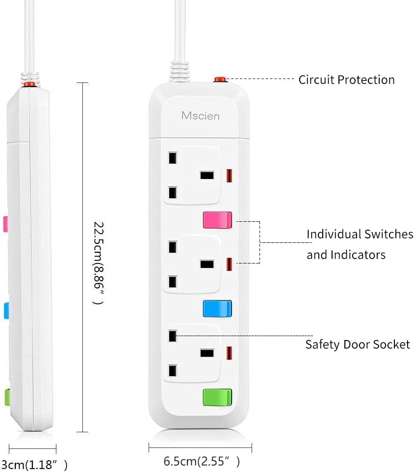 Detalle 2 de Mscien 3 Way Surge-Protected Extension Lead 3m 🪫