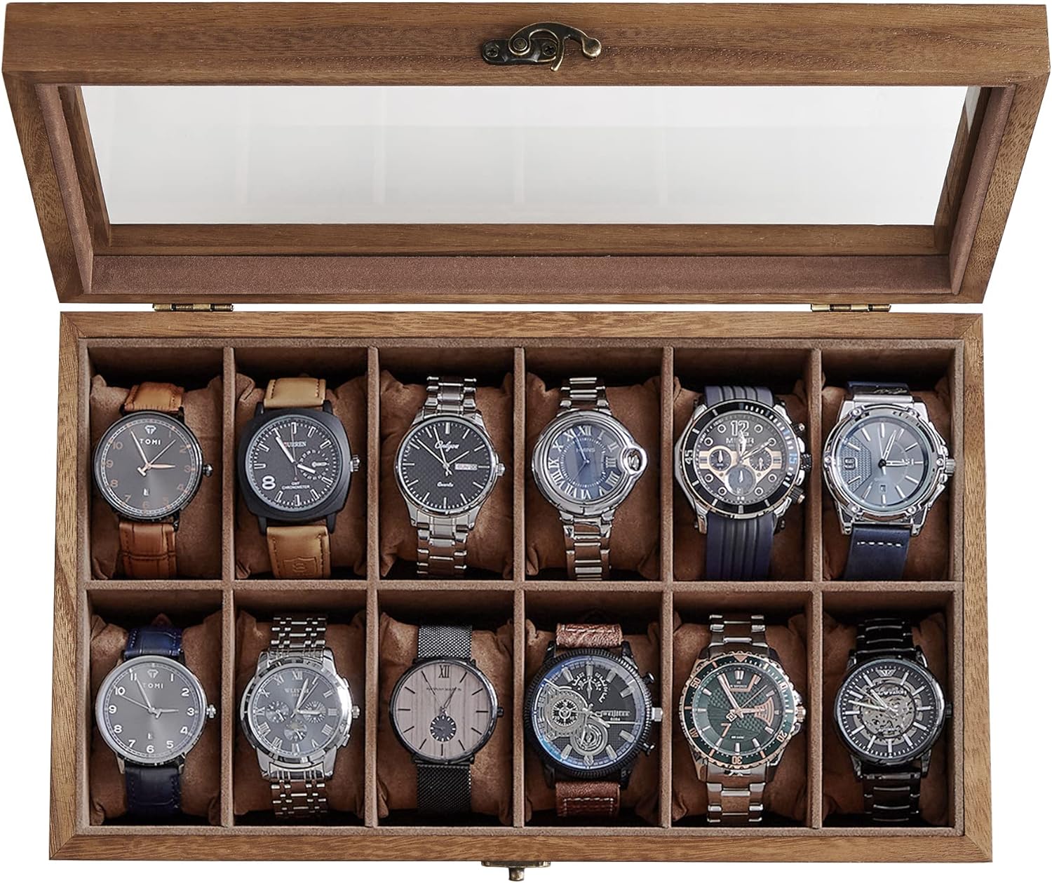 SONGMICS Caja para relojes 12 compartimentos Nogal