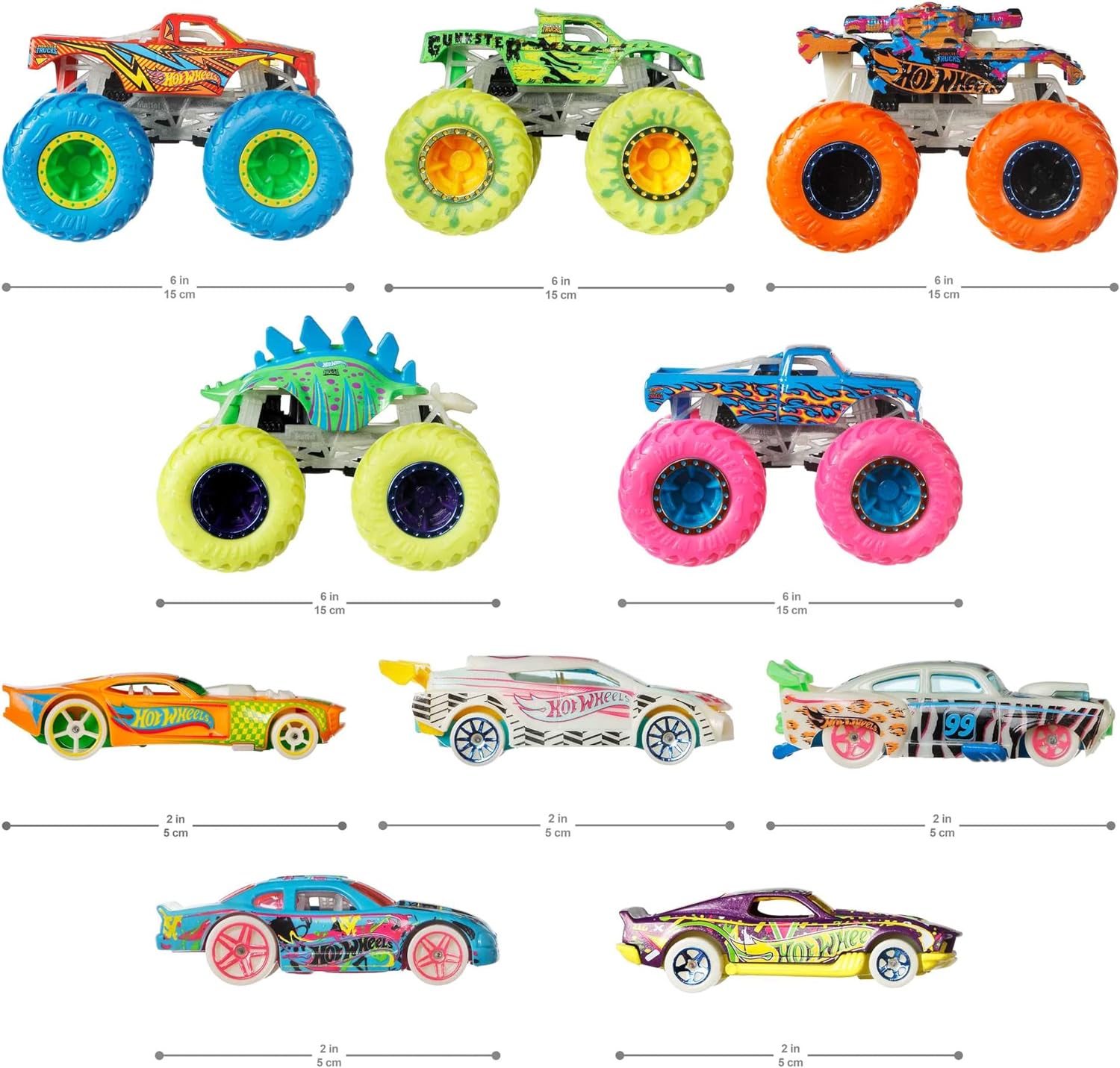 Detalle de Hot Wheels Glow-in-the-Dark Monster Trucks 10-Pack (1:64) – 5 Trucks & 5 Cars