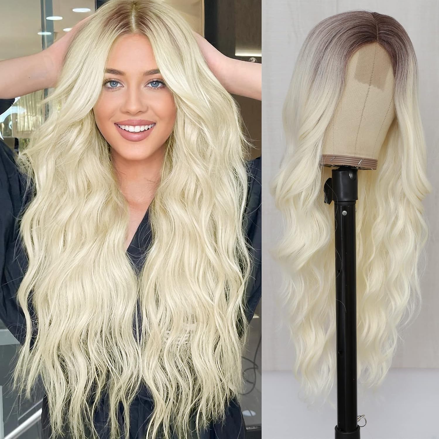 Detalle de NAYOO 229236 26-Inch Long Wavy Blonde Wig with Dark Roots