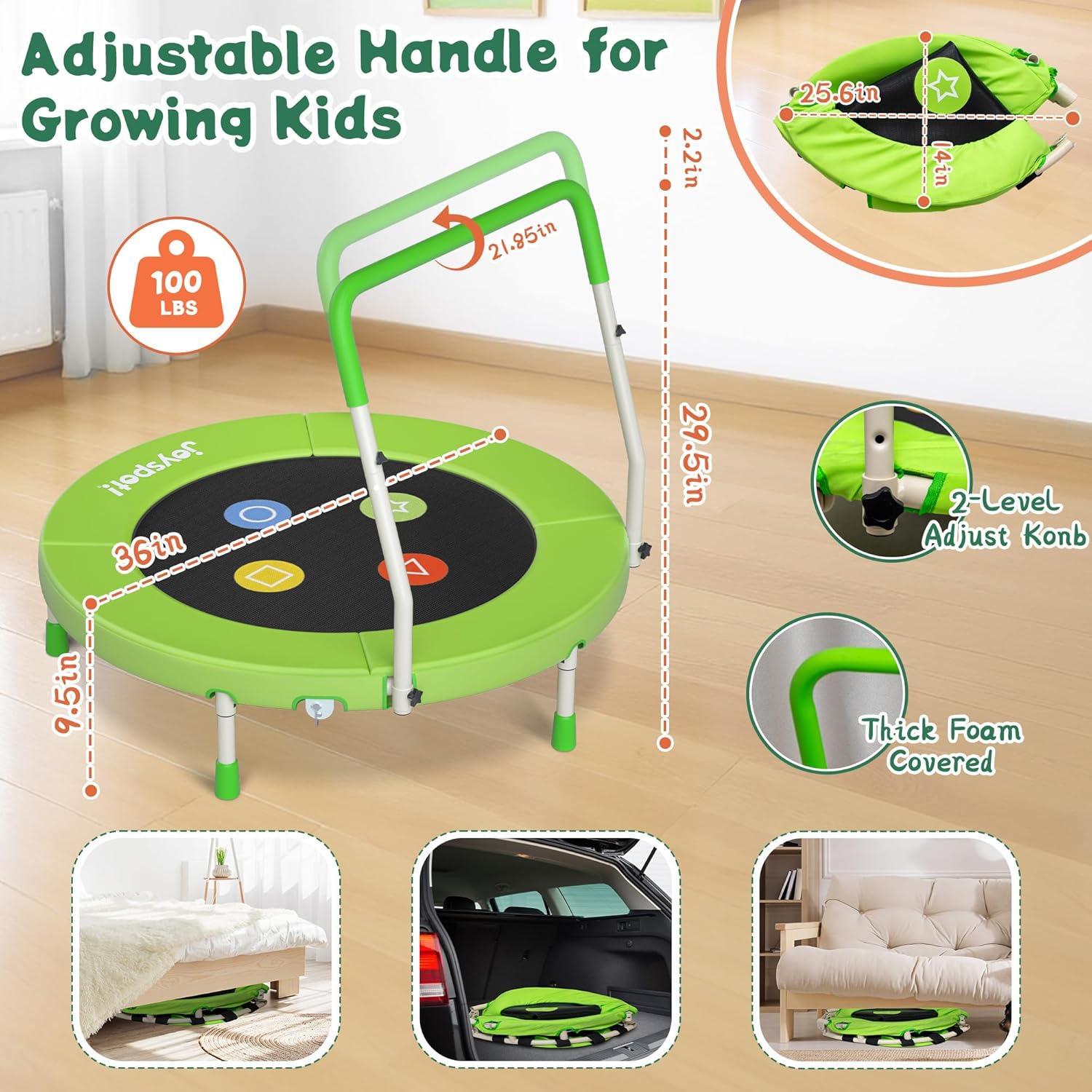 Thumbnail 2 de 3FT Toddler Trampoline with Adjustable Handlebar – Foldable, Spring-Free, for Ages 1-6