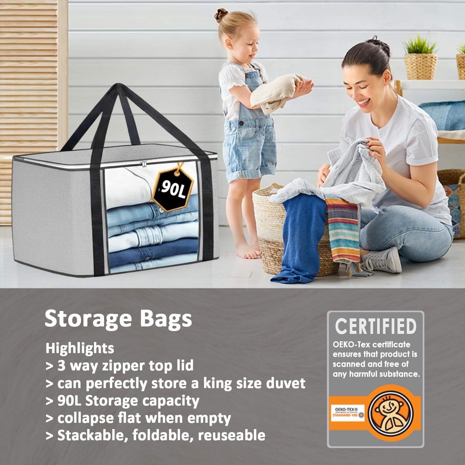 Thumbnail 4 de KURNI Storage Bags Clothes Organizer – Foldable 6 Pack, 90L each, 3-Sided Zipper, Grey