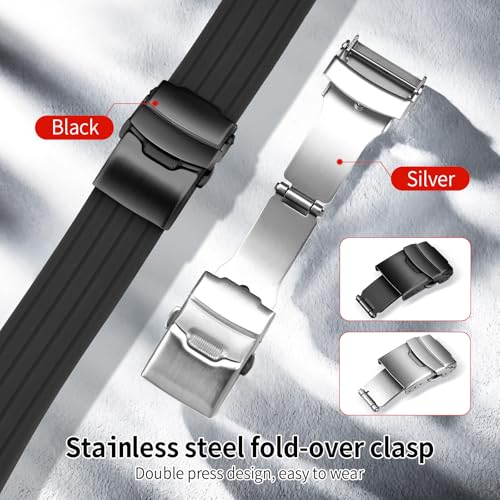 Detalle de ULLCHRO Cinturini per Orologi Impermeabili: Stripe Pattern in Silicone con Fibbia Deployante 22 mm - Nero