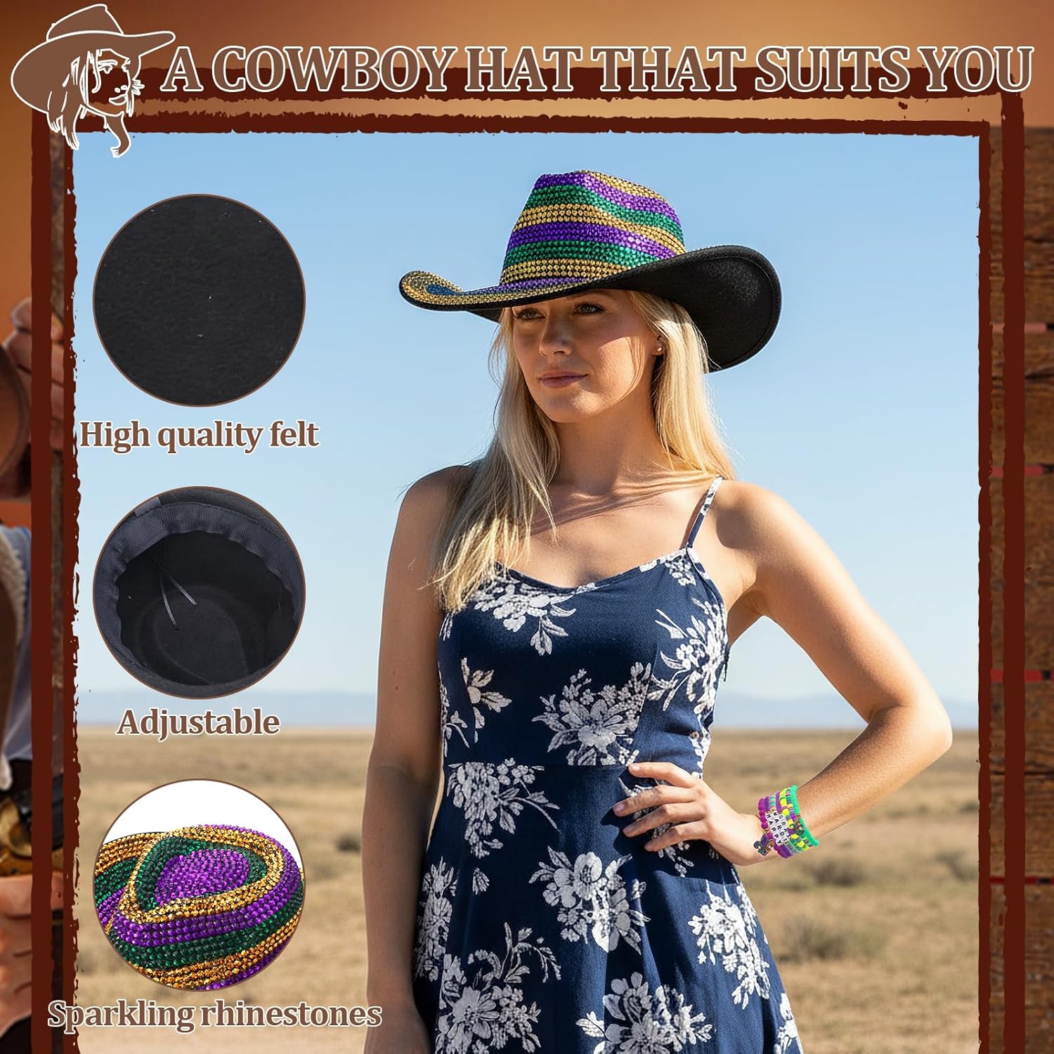 Detalle de Meng Jiaran Glitter Sequin Cowboy Hat with Bead Bracelets – Unisex Festival Accessory Set