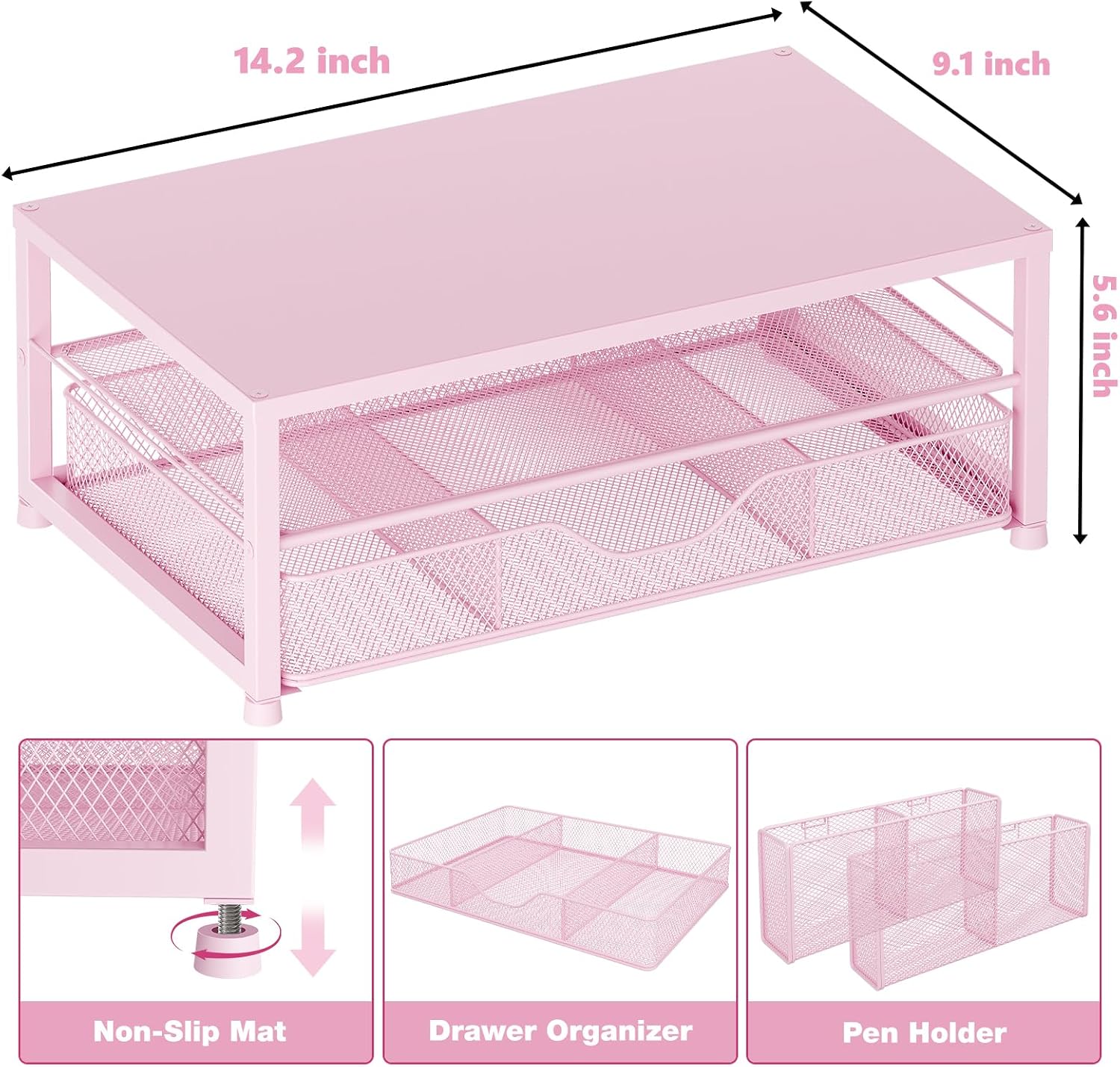 Thumbnail 2 de OPNICE 2-Tier Monitor Stand with Drawer and Pen Holders, Pink