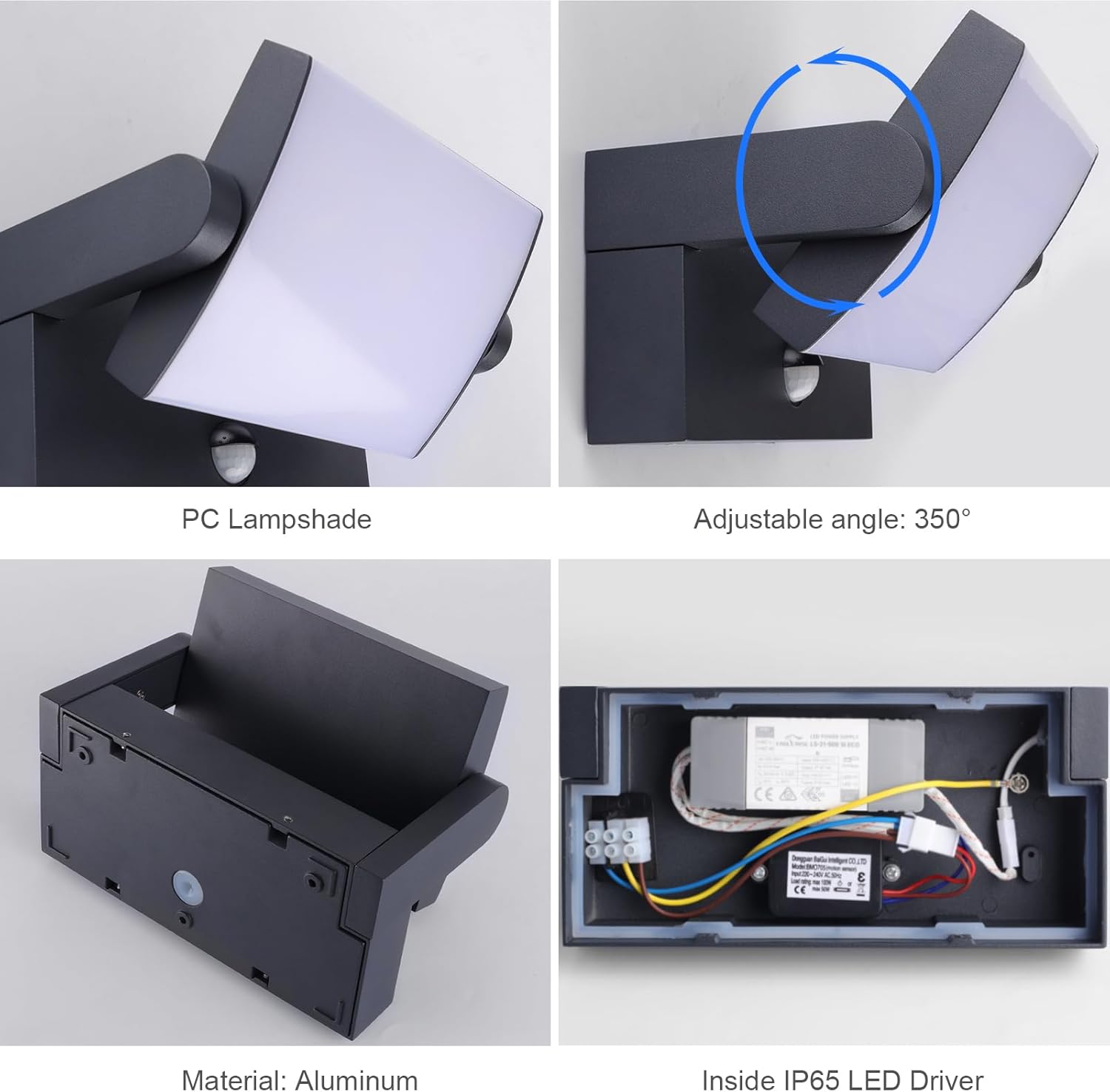 Thumbnail 2 de Applique LED extérieure/intérieure Klighten 24W anthracite avec détecteur de mouvement et panneau rotatif 350° (IP65) – Blanc chaud 3000K