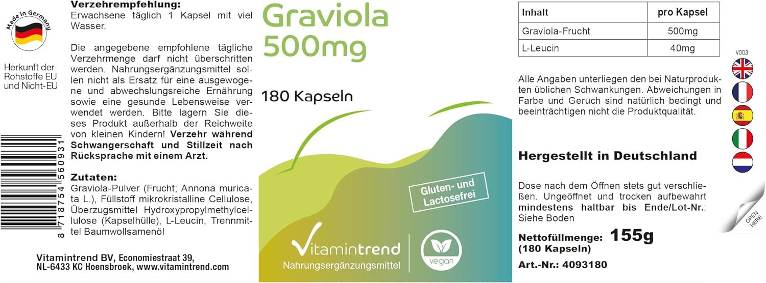 Detalle de Graviola hochdosiert 500 mg – 180 Kapseln | Veganes Nahrungsergänzungsmittel aus Graviola-Frucht
