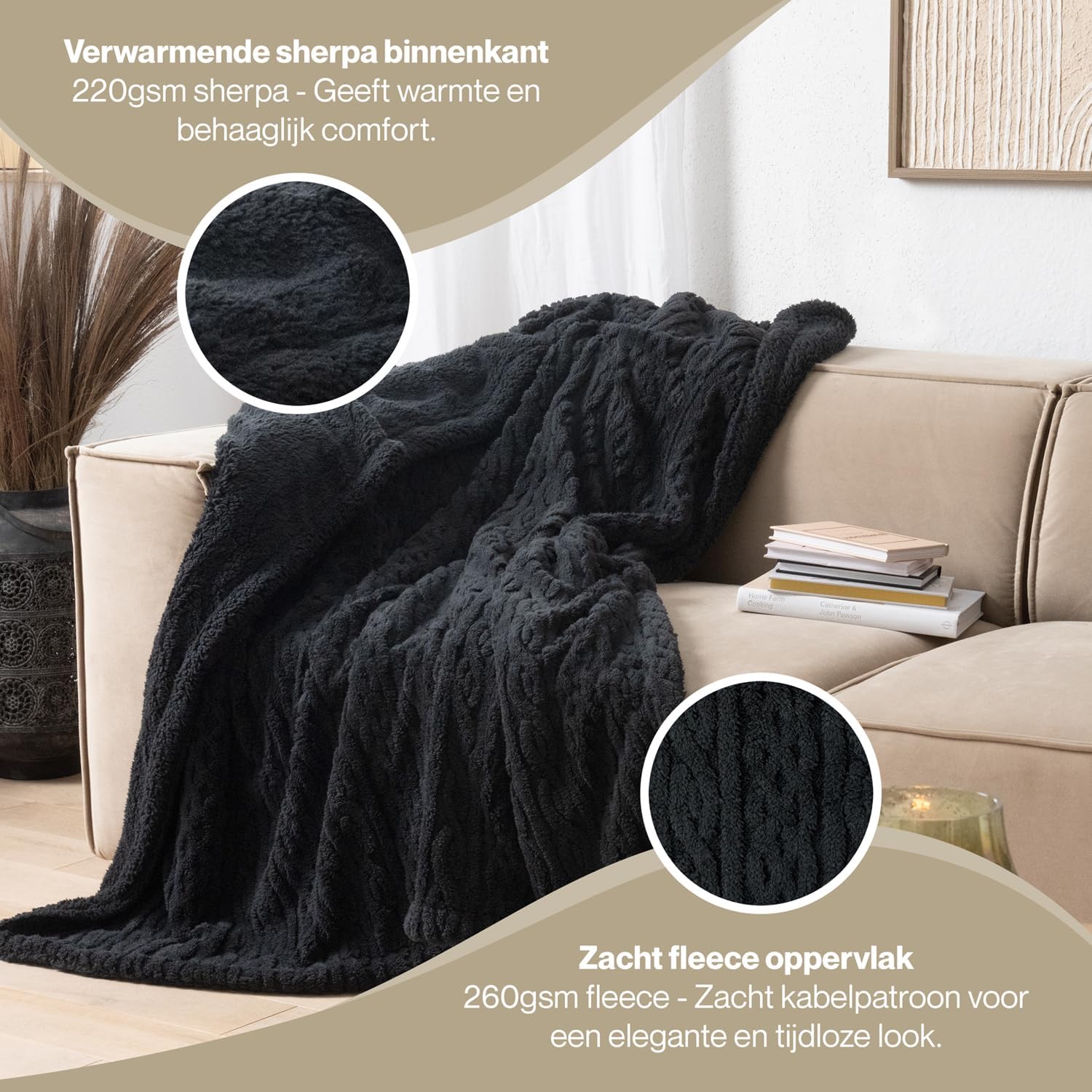 Detalle 1 de Blumtal fleece deken 150x200 cm, kabelgebreide look en zachte sherpa binnenkant
