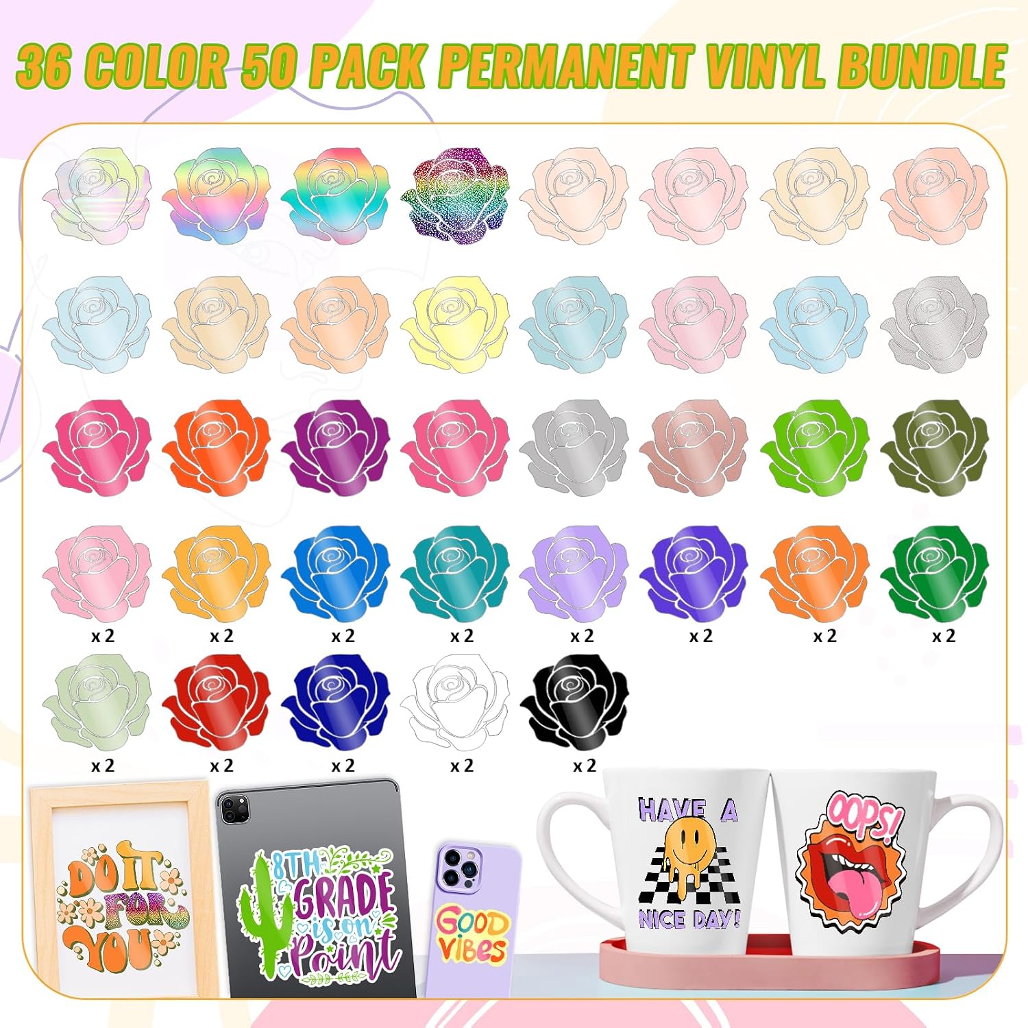 Detalle de VINYL FROG 50 Pack Glossy Permanent Adhesive Vinyl Bundle (12''x12'')