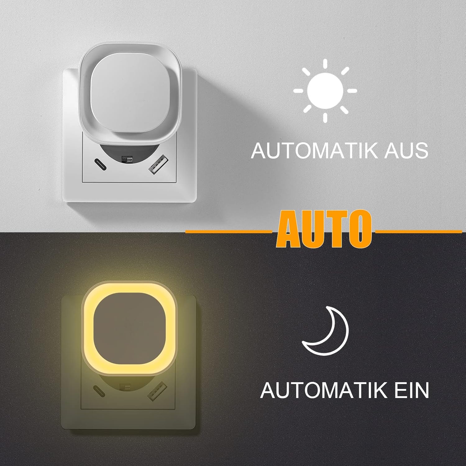Thumbnail 2 de YUNLEX 2er Set Steckdosen-Nachtlicht mit Dämmerungssensor und 3 Helligkeitsstufen (warmweiß, dimmbar)