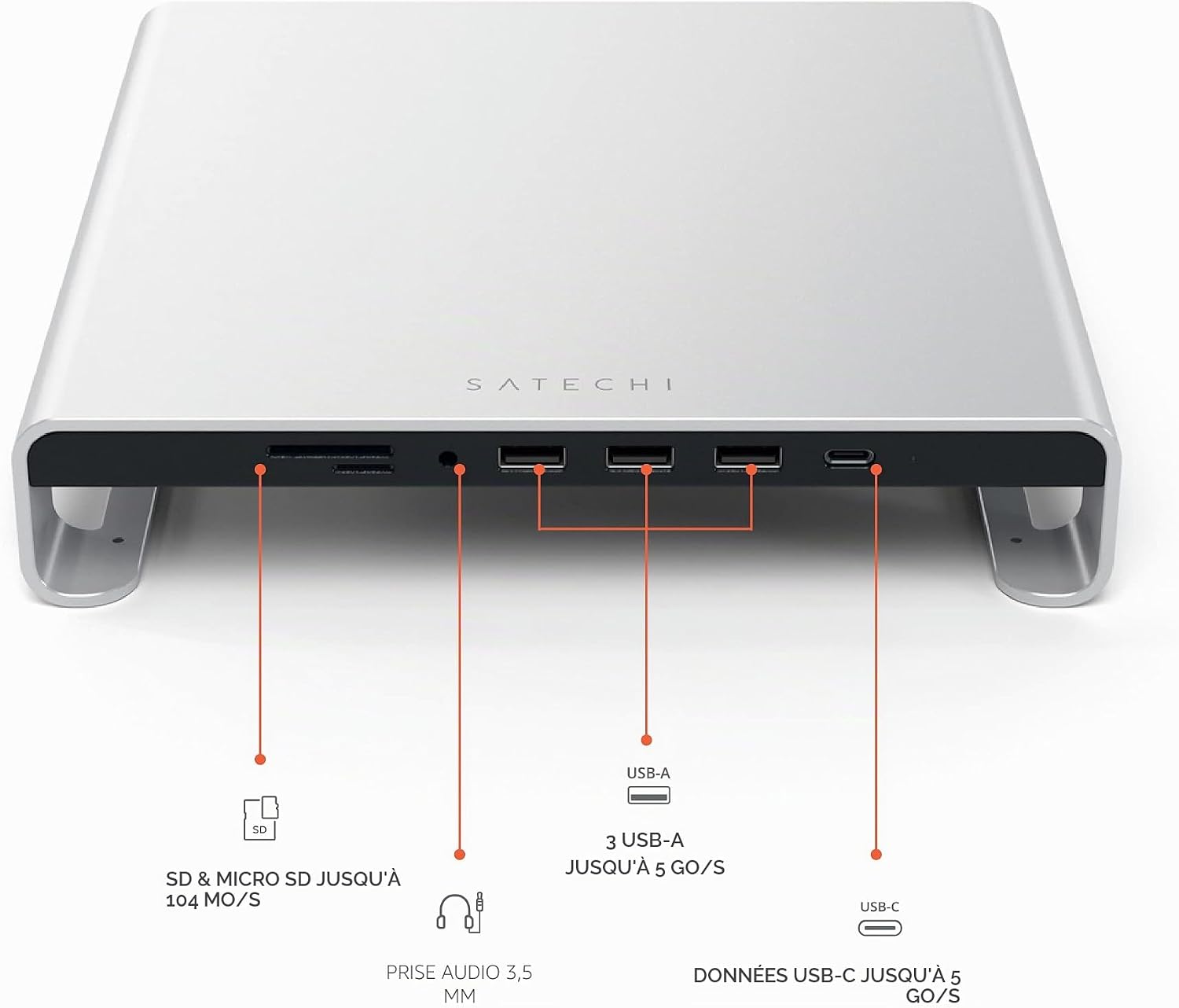 Detalle de Satechi Type-C Aluminium Monitor Stand Hub with USB-C Data, USB 3.0, Micro/SD Card Slots & 3.5mm Headphone Jack – Compatible Apple Studio Display et iMac