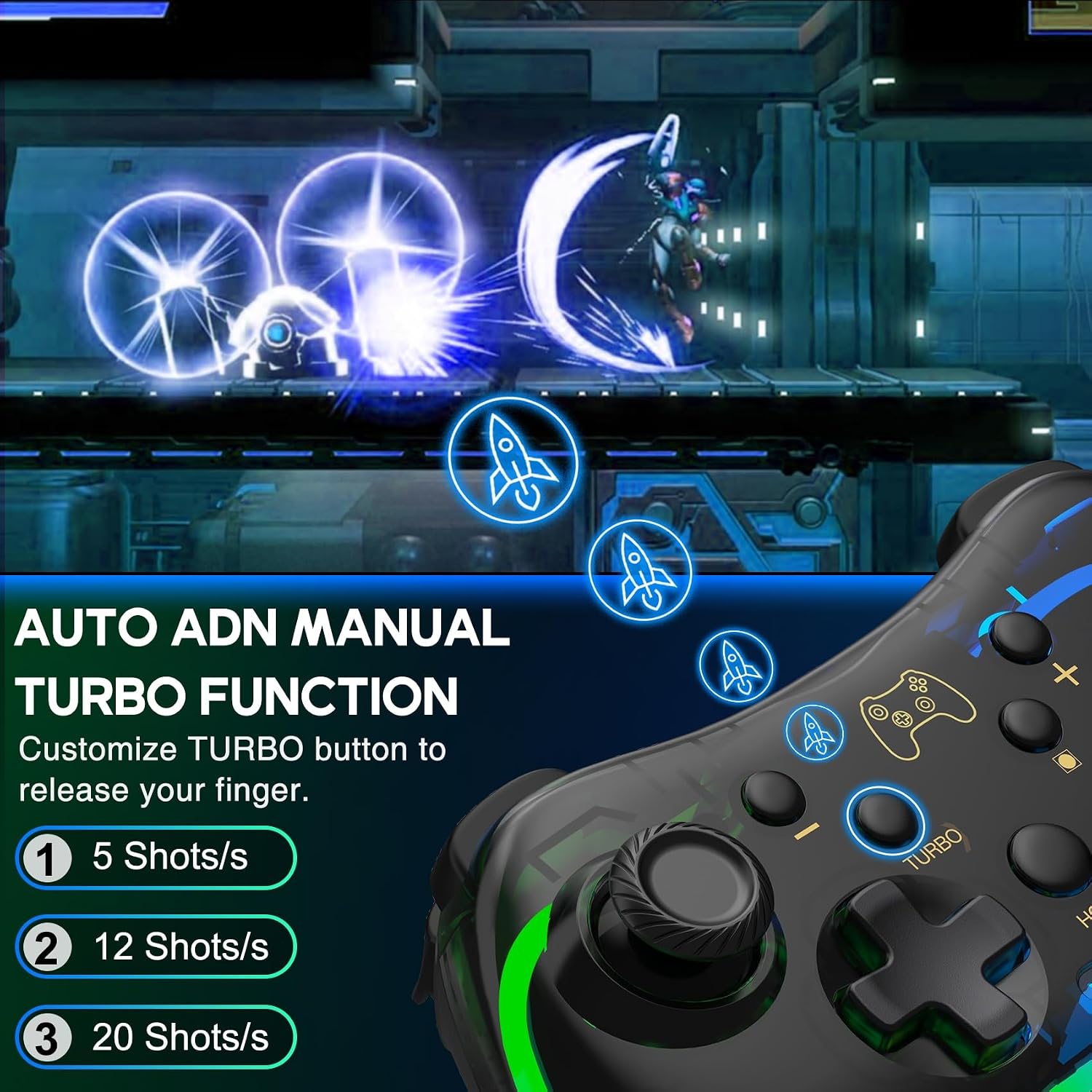 Detalle de ELISWEEN Wireless Switch Controller with RGB Lighting, Turbo and Adjustable Vibration