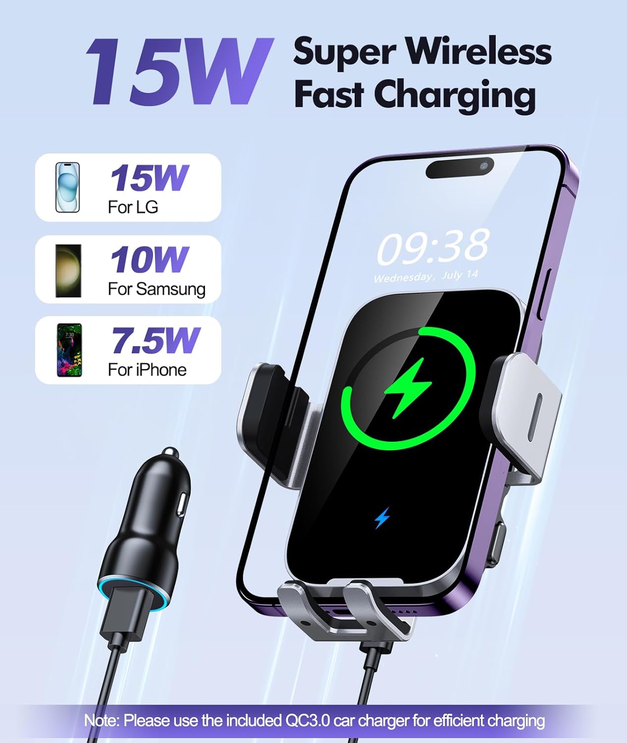 Thumbnail 1 de ISEYOU Car Phone Holder Wireless Charger 15W – Auto Clamping & 360° Air Vent Mount
